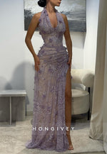 Halter Low V-Neck Column High Slit Floor-Length Evening Gowns with Appliques