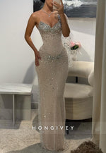 Sparkly One Shoulder Sheath Pleated Floor-Length Evening Gowns with Rhinestone