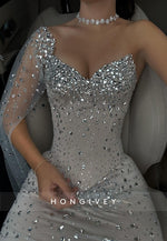 Sparkly One Shoulder Sheath Pleated Floor-Length Evening Gowns with Rhinestone