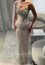 Sparkly One Shoulder Sheath Pleated Floor-Length Evening Gowns with Rhinestone