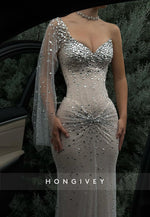 Sparkly One Shoulder Sheath Pleated Floor-Length Evening Gowns with Rhinestone