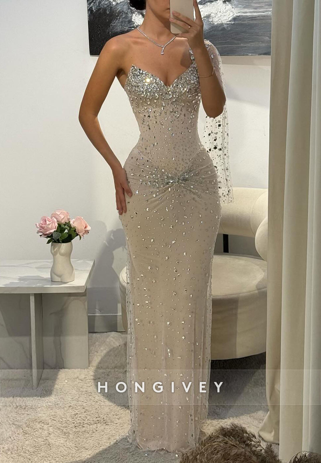 Sparkly One Shoulder Sheath Pleated Floor-Length Evening Gowns with Rhinestone