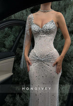 Sparkly One Shoulder Sheath Pleated Floor-Length Evening Gowns with Rhinestone