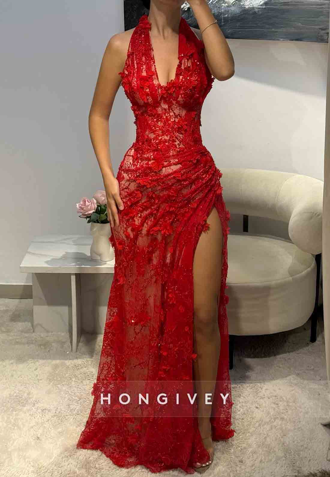 Red Halter Low V-Neck Column High Slit Prom Dresses with Appliques