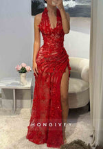 Red Halter Low V-Neck Column High Slit Prom Dresses with Appliques