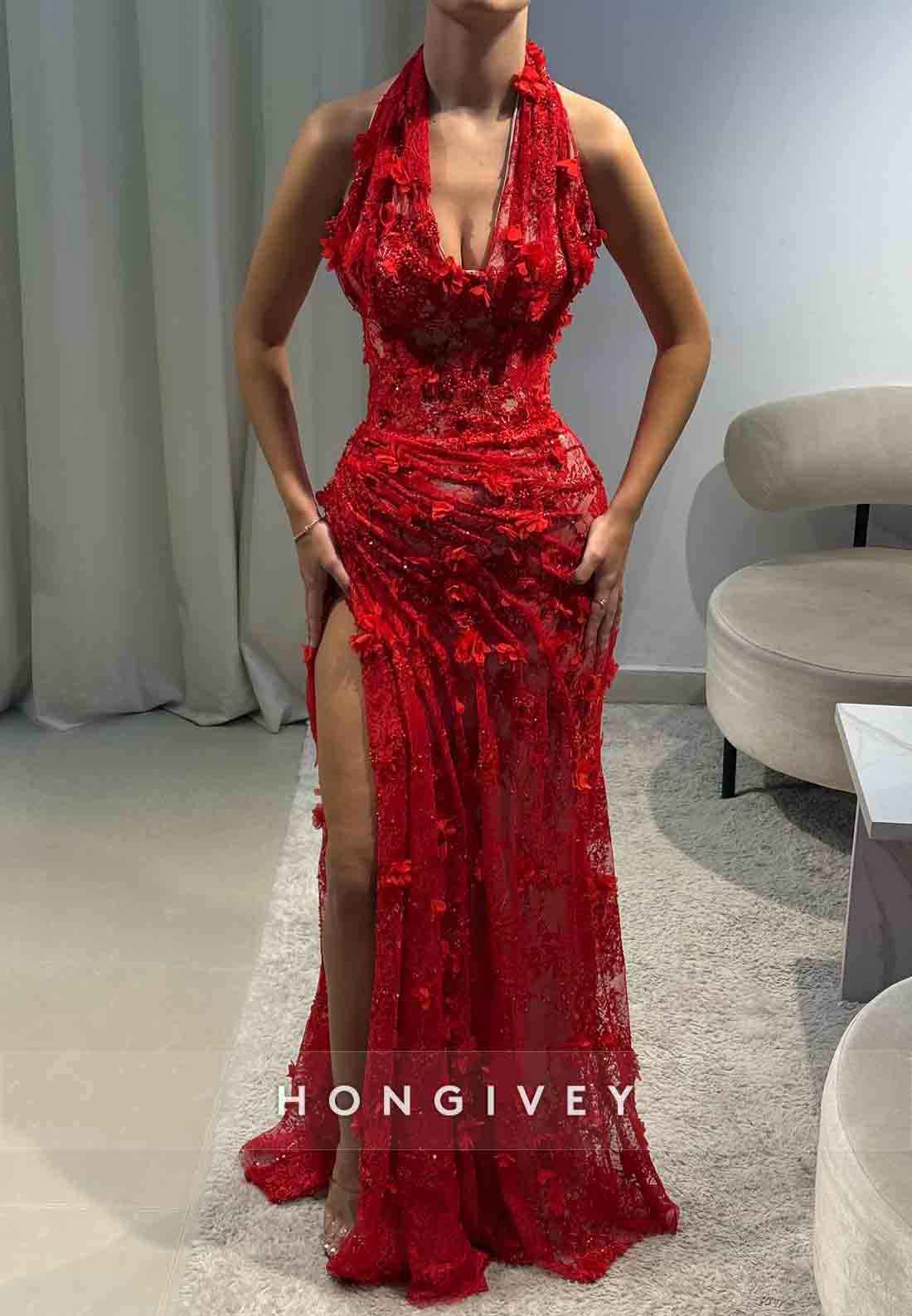 Red Halter Low V-Neck Column High Slit Prom Dresses with Appliques