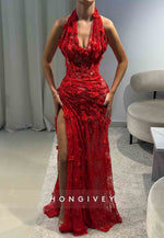Red Halter Low V-Neck Column High Slit Prom Dresses with Appliques