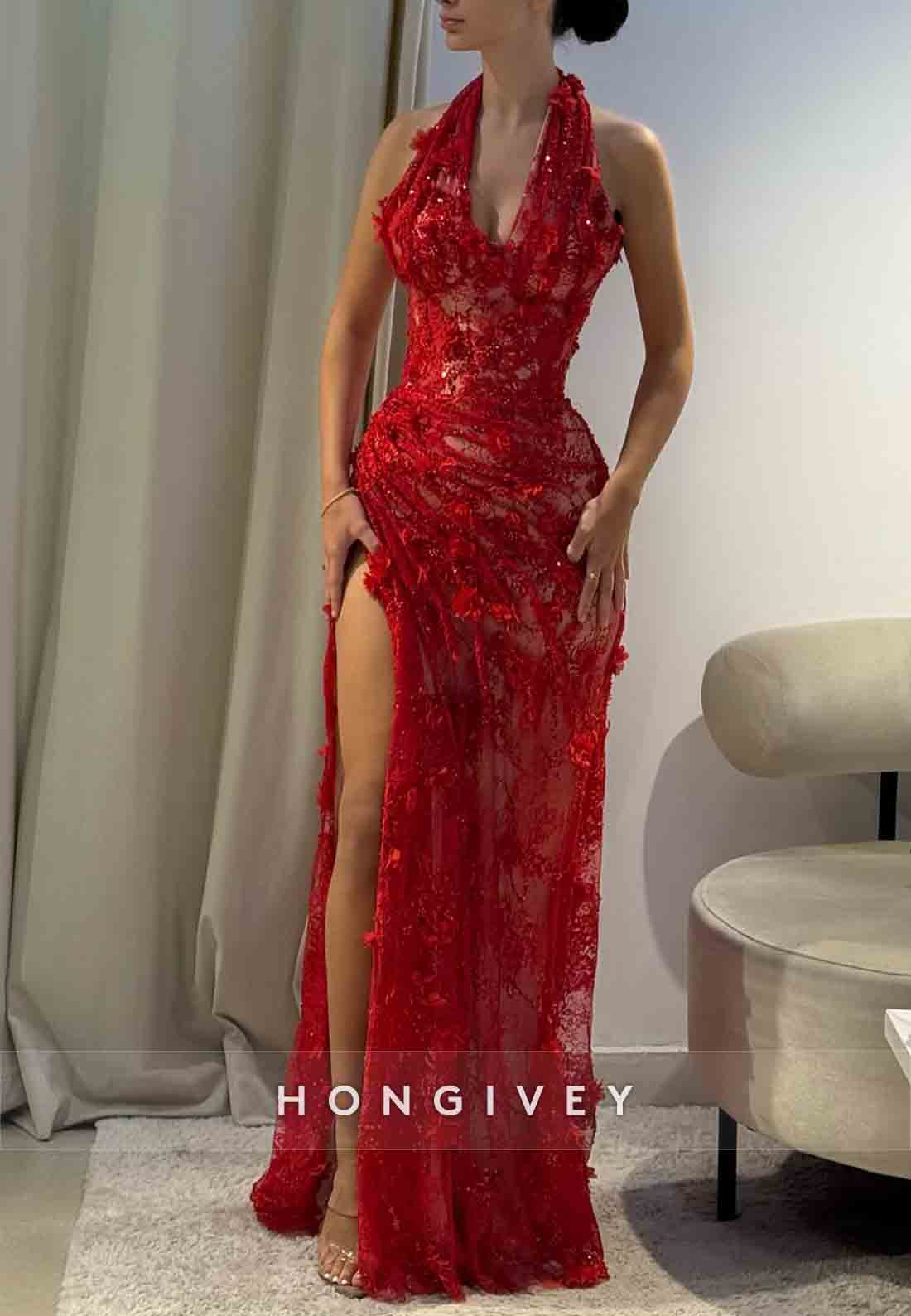 Red Halter Low V-Neck Column High Slit Prom Dresses with Appliques