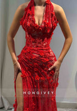 Red Halter Low V-Neck Column High Slit Prom Dresses with Appliques