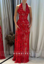 Red Halter Low V-Neck Column High Slit Prom Dresses with Appliques