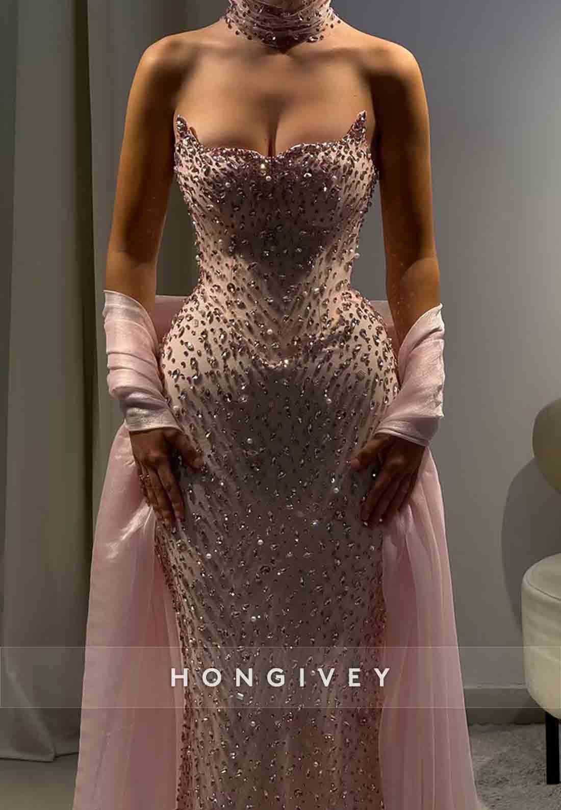 Sparkly Strapless Mermaid Prom Dresses Floor-Length Evening Gowns with Rhinestone