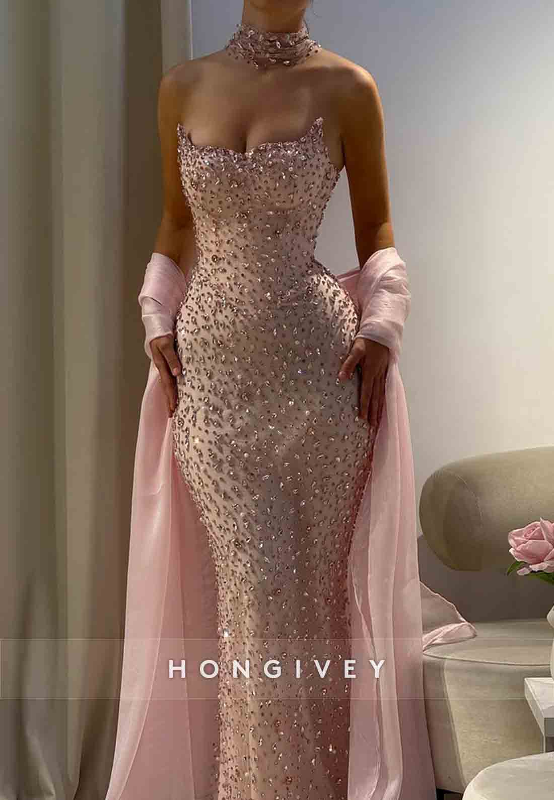 Sparkly Strapless Mermaid Prom Dresses Floor-Length Evening Gowns with Rhinestone