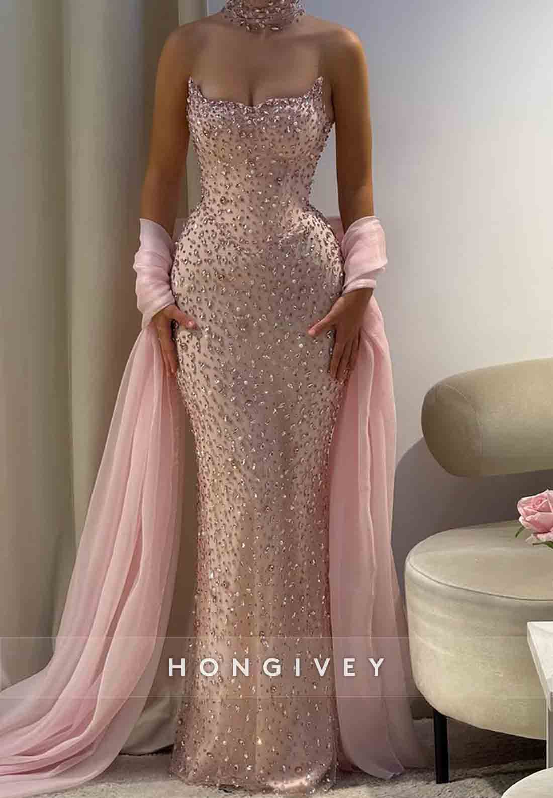 Sparkly Strapless Mermaid Prom Dresses Floor-Length Evening Gowns with Rhinestone