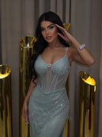 Spaghetti Straps Sheer Sleeveless Sequins Sparkle Mermaid Prom Dress