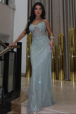 Spaghetti Straps Sheer Sleeveless Sequins Sparkle Mermaid Prom Dress