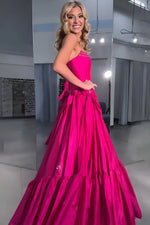 A-Line Black Scoop Neck Satin Long Prom Dresses with Bow Knots