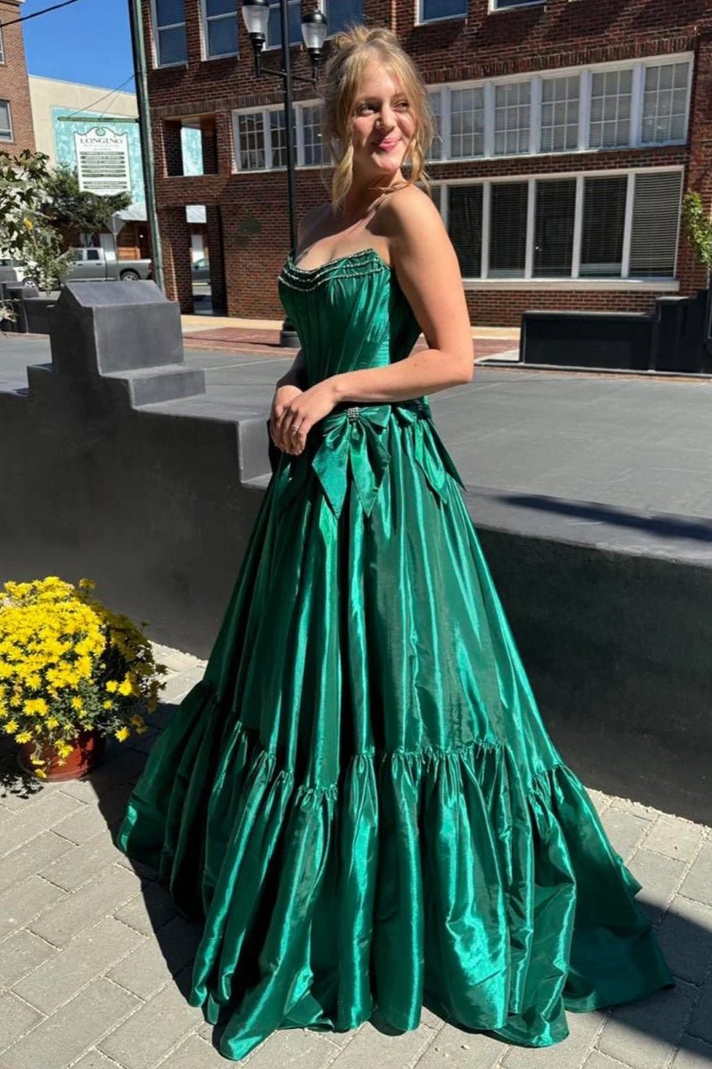 A-Line Black Scoop Neck Satin Long Prom Dresses with Bow Knots