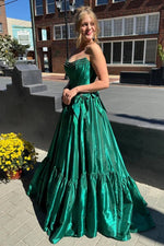 A-Line Black Scoop Neck Satin Long Prom Dresses with Bow Knots