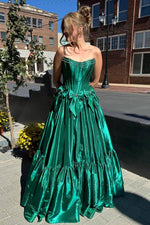 A-Line Black Scoop Neck Satin Long Prom Dresses with Bow Knots