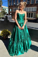 A-Line Black Scoop Neck Satin Long Prom Dresses with Bow Knots