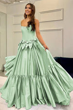 A-Line Black Scoop Neck Satin Long Prom Dresses with Bow Knots