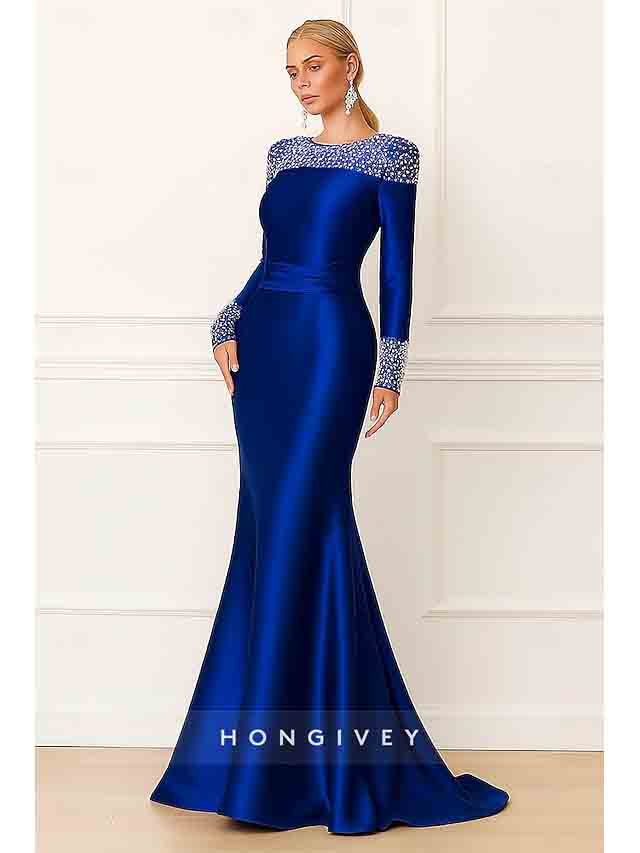 Beaded Long Sleeve Meimaid Evening Dress