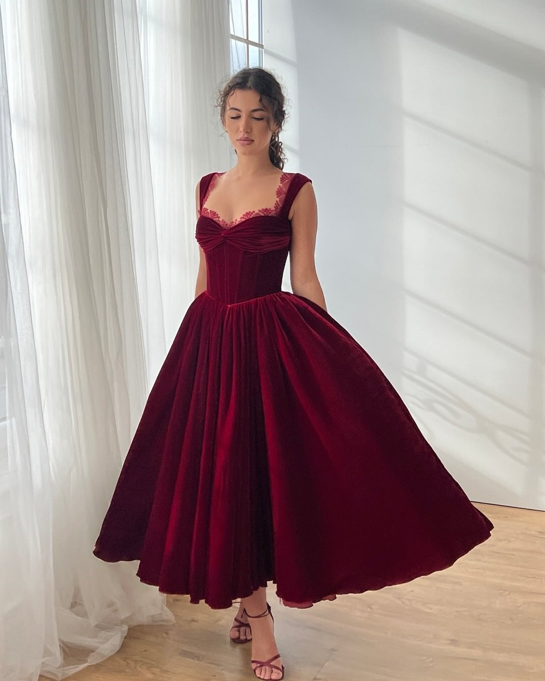 Red Formal Square Neck Sleeveless Lace A-Line Ankle-Length Evening Dress