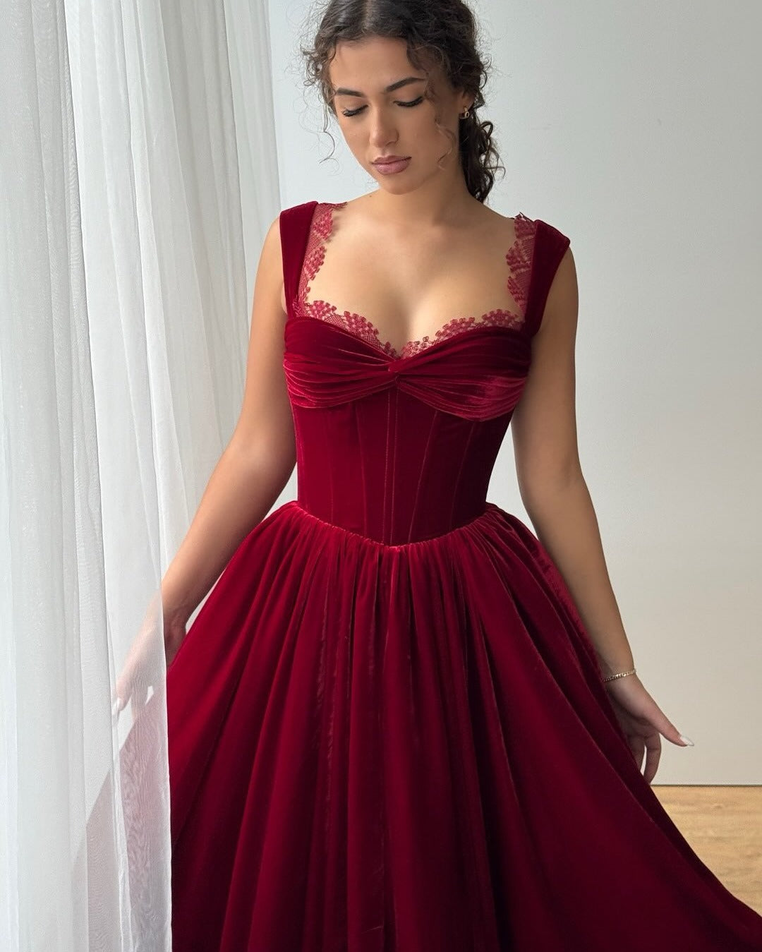 Red Formal Square Neck Sleeveless Lace A-Line Ankle-Length Evening Dress