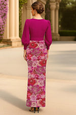 V-Neck Long Sleeve Flowers Floral Print Mermaid Evening Dress