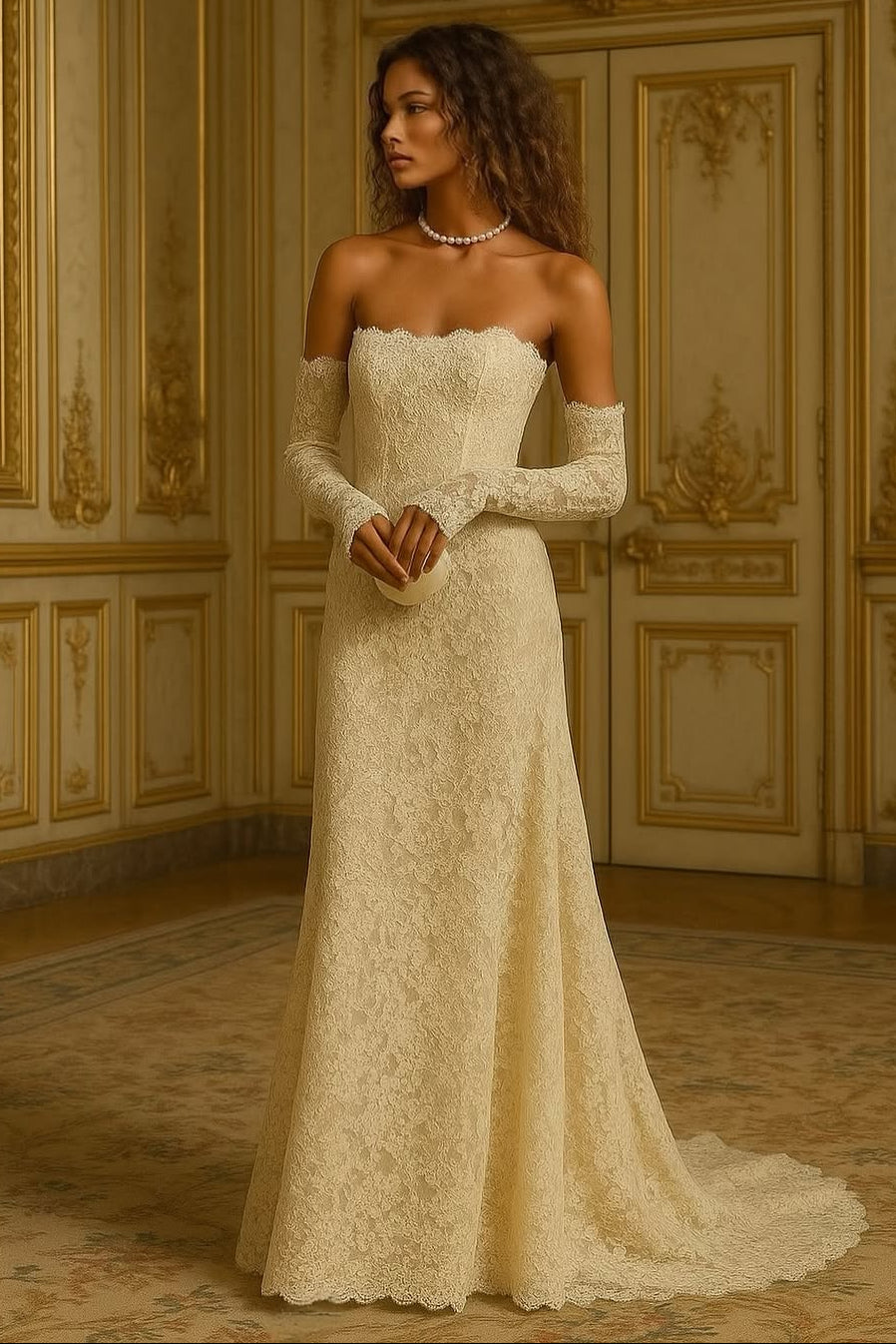 Embroidery Sleeveless Strapless Square Long Wedding Dress With Gloves