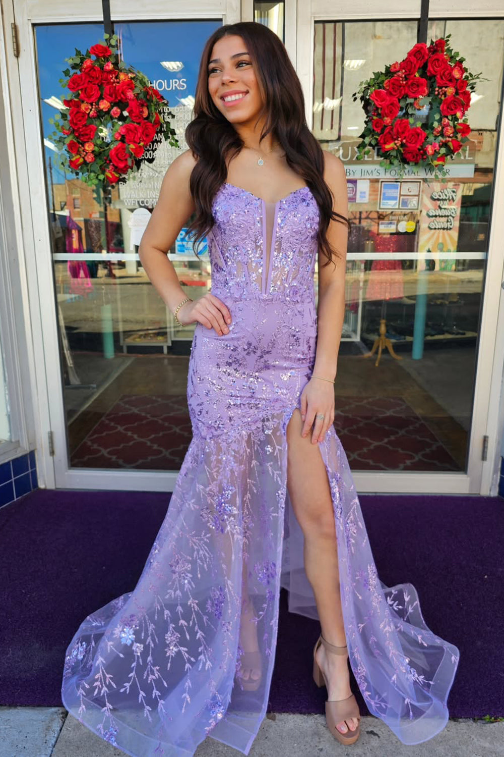 Mermaid Spaghetti Straps Lilac Sequin Lace Long Prom Dresses with Slit