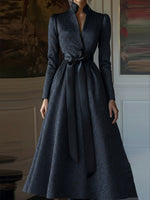 Navy Jacquard Long Sleeves A-Line Evening Gown With Satin Bow