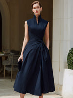 Sleeveless Wrap Midi Dress With Structured Stand Collar