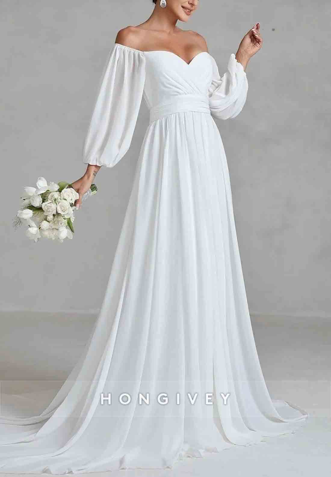 Off the Shoulder Lantern Sleeves Chiffon A-Line Wedding Dress with High Slit