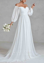 Off the Shoulder Lantern Sleeves Chiffon A-Line Wedding Dress with High Slit