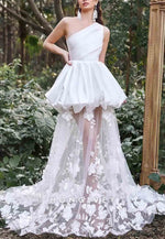 Gorgeous One Shoulder Satin Bodice Contrast Applique Tulle Overlay Wedding Dresses