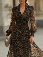 Leopard Print Wrap Midi Dress With Long Sleeves