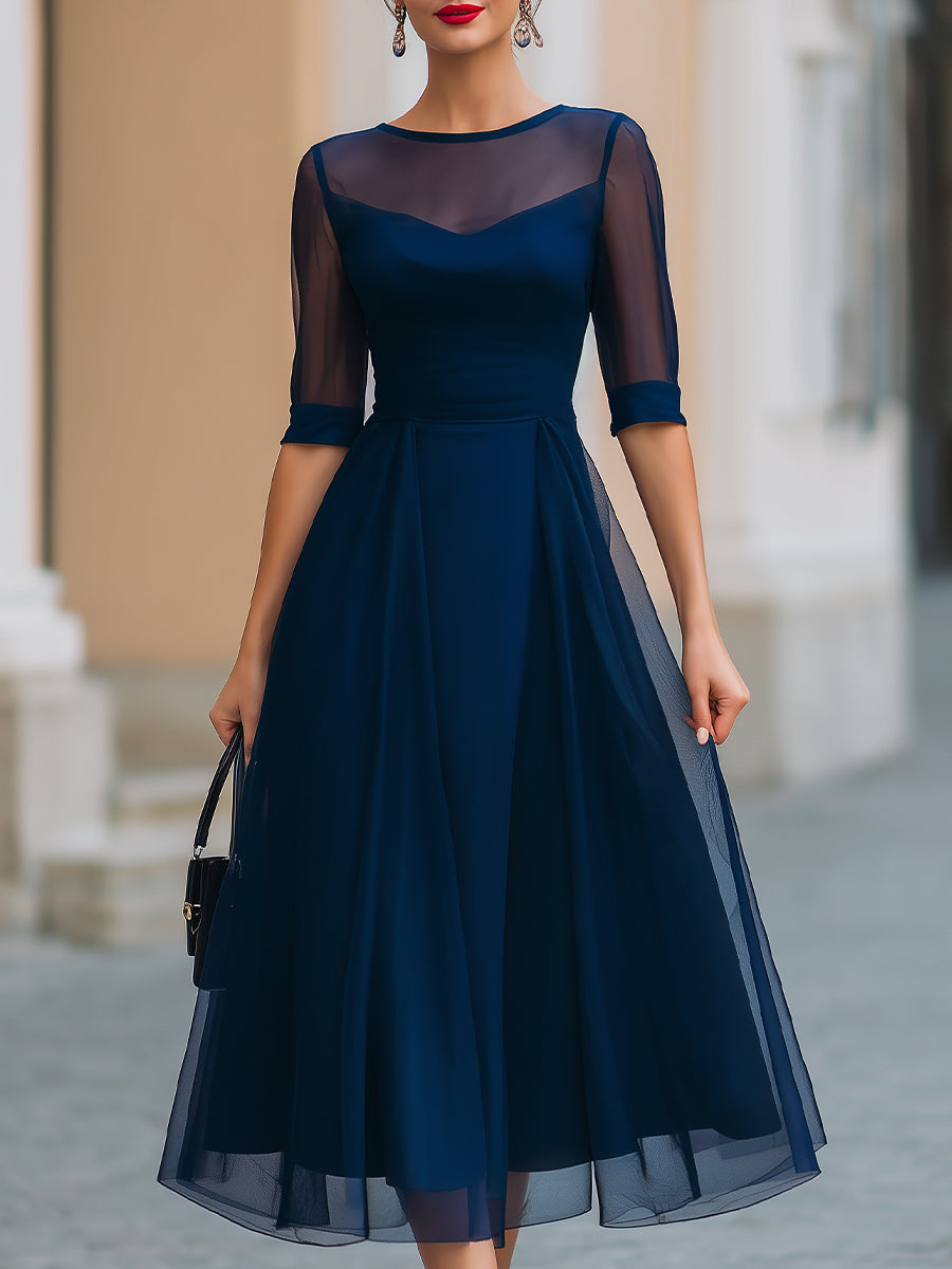 Navy Blue Sheer Overlay Fit-and-Flare Midi Dress