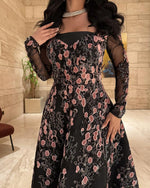 Black Flowers Appliqie Square Neck Lace Long Sleeve A-Line Evening Dress