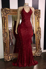 Hidais Glamorous Halter Neck Mermaid Sleeveless Red Long Prom Dress With Sequins