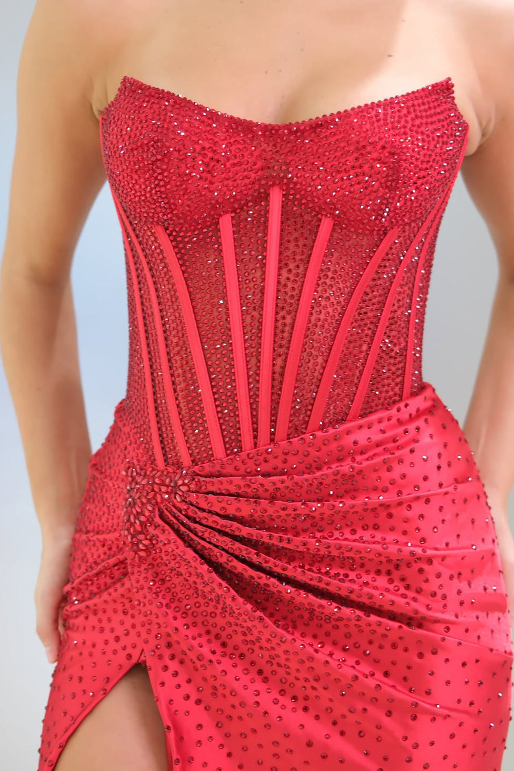 Gorgeous Mermaid Scoop Neck Red Satin Slit Prom Dress with Hot Stone