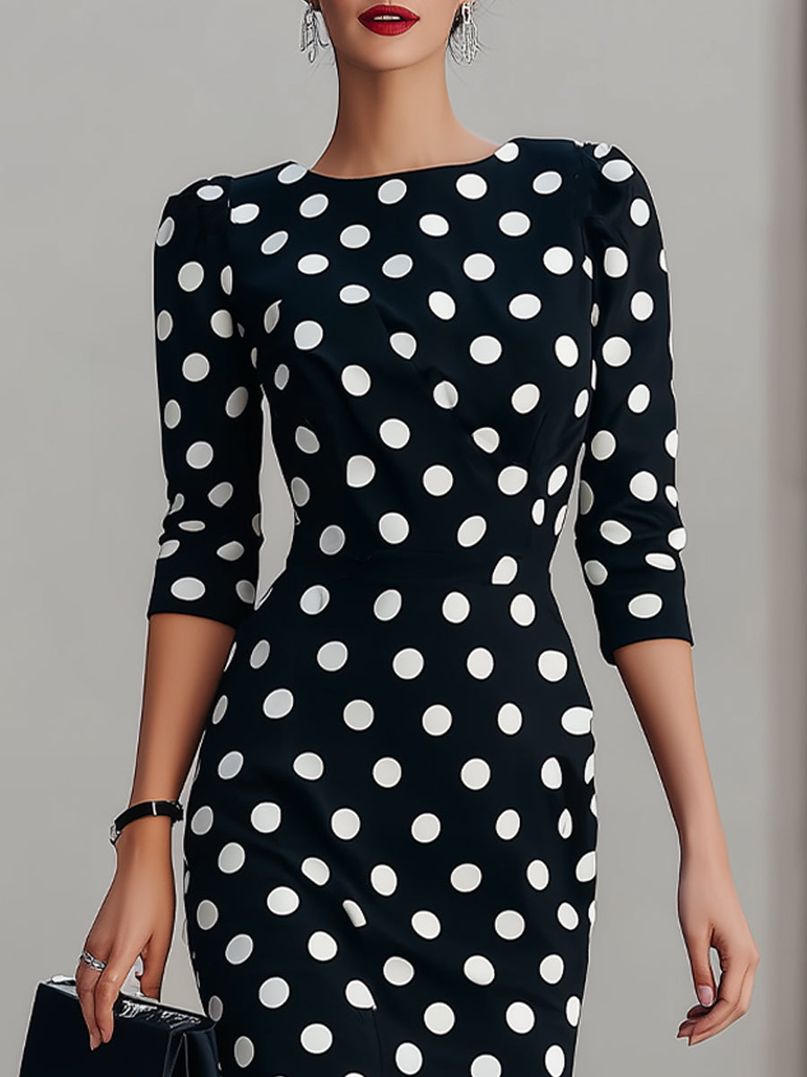 BlackWhite Polka Dot Midi Sheath Dress