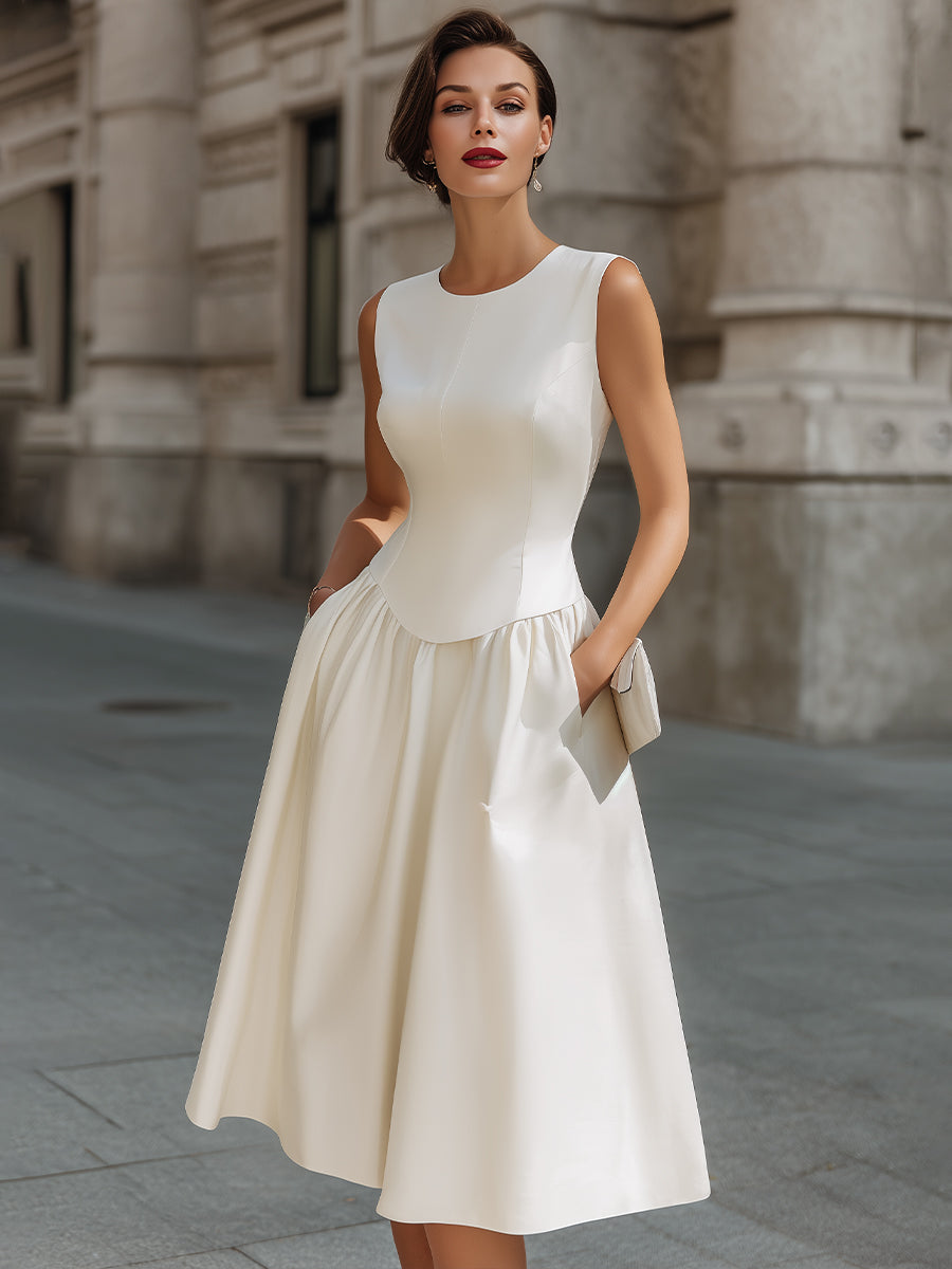 Sleeveless Structured Waist Fit And Flare Midi Dress