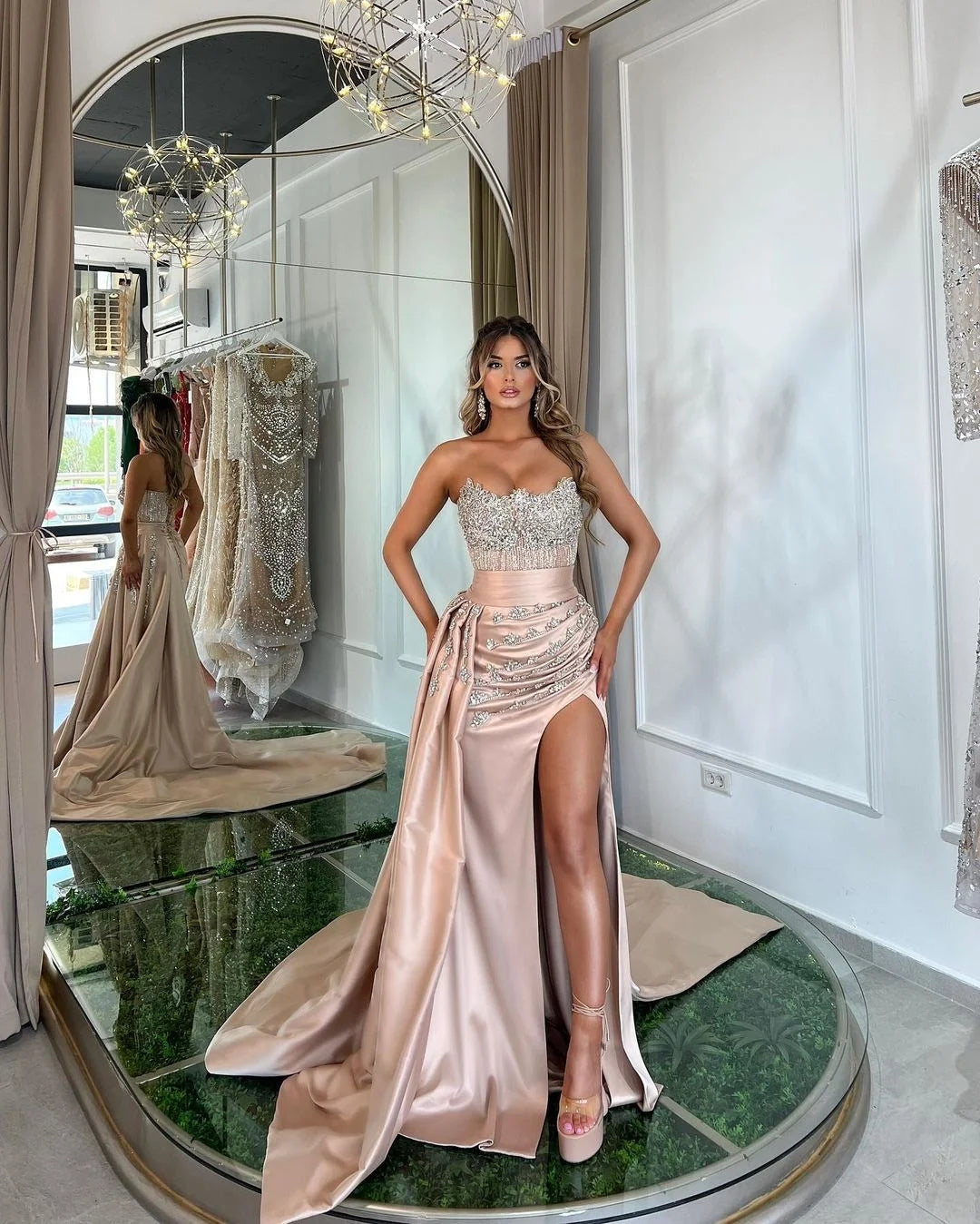 Lotus Root Pink Prom Dress Long Mermaid Satin With Trail Beading Sleeveless