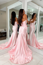 Mermaid Sweetheart Keyhole Light Pink Silk Satin Long Prom Dresses with Side Slit