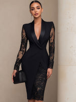 Sophisticated Black Blazer-Style Lace Midi Dress