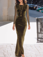 Olive Velvet Gown With Sheer Sleeves