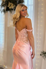 Charming Mermaid Off the Shoulder Blush Satin Prom Dress with Appliques