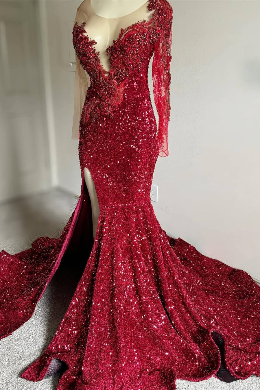 Modern Burgundy Scoop Long Sleeves Sequins Prom Dress Mermaid Split With Beadings