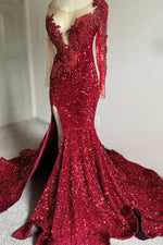Modern Burgundy Scoop Long Sleeves Sequins Prom Dress Mermaid Split With Beadings